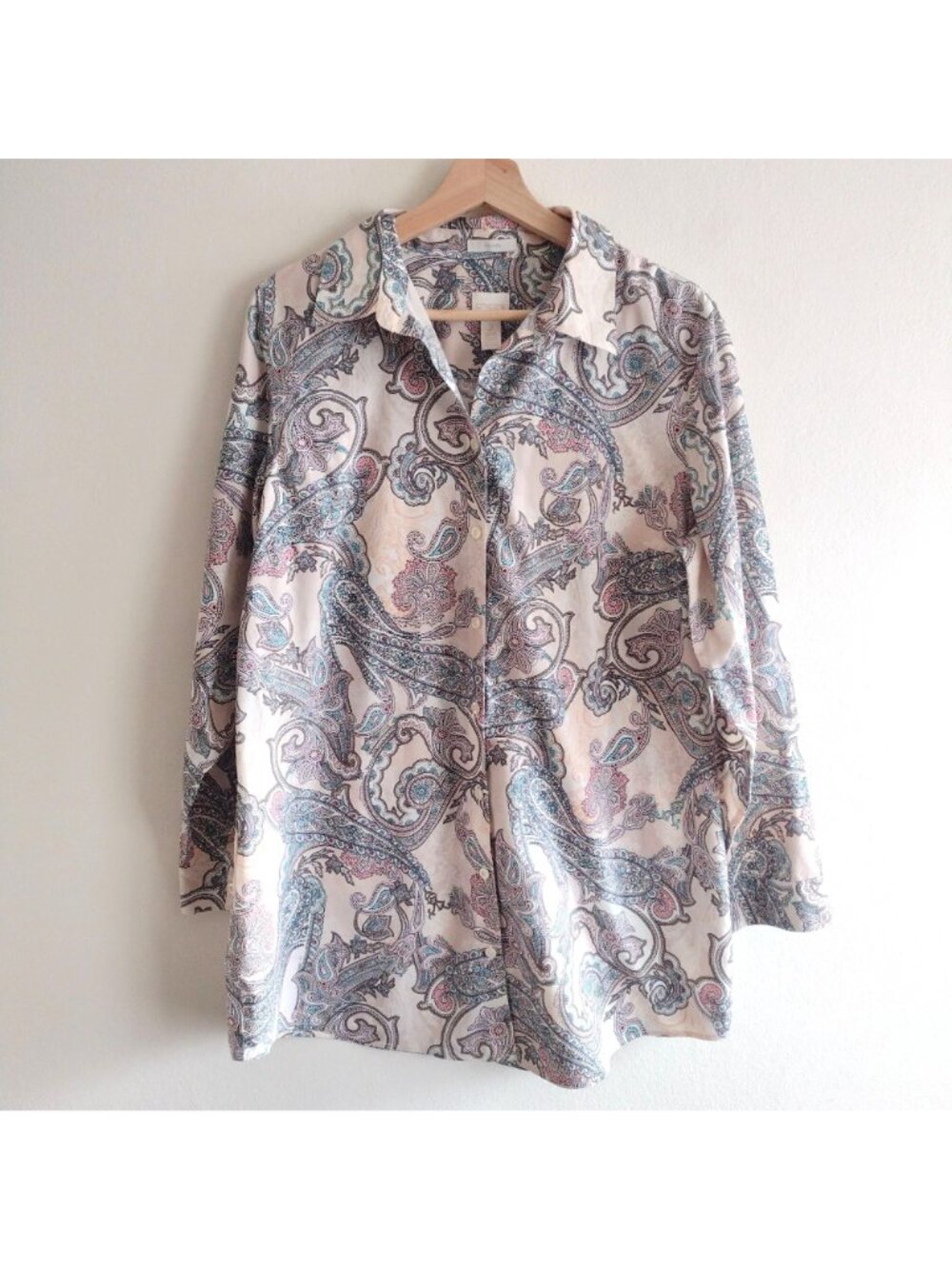 Chicos Pink Paisley Shirt L No Iron Button Front Tunic Length Cotton Top Sz 2 - Picture 10 of 10